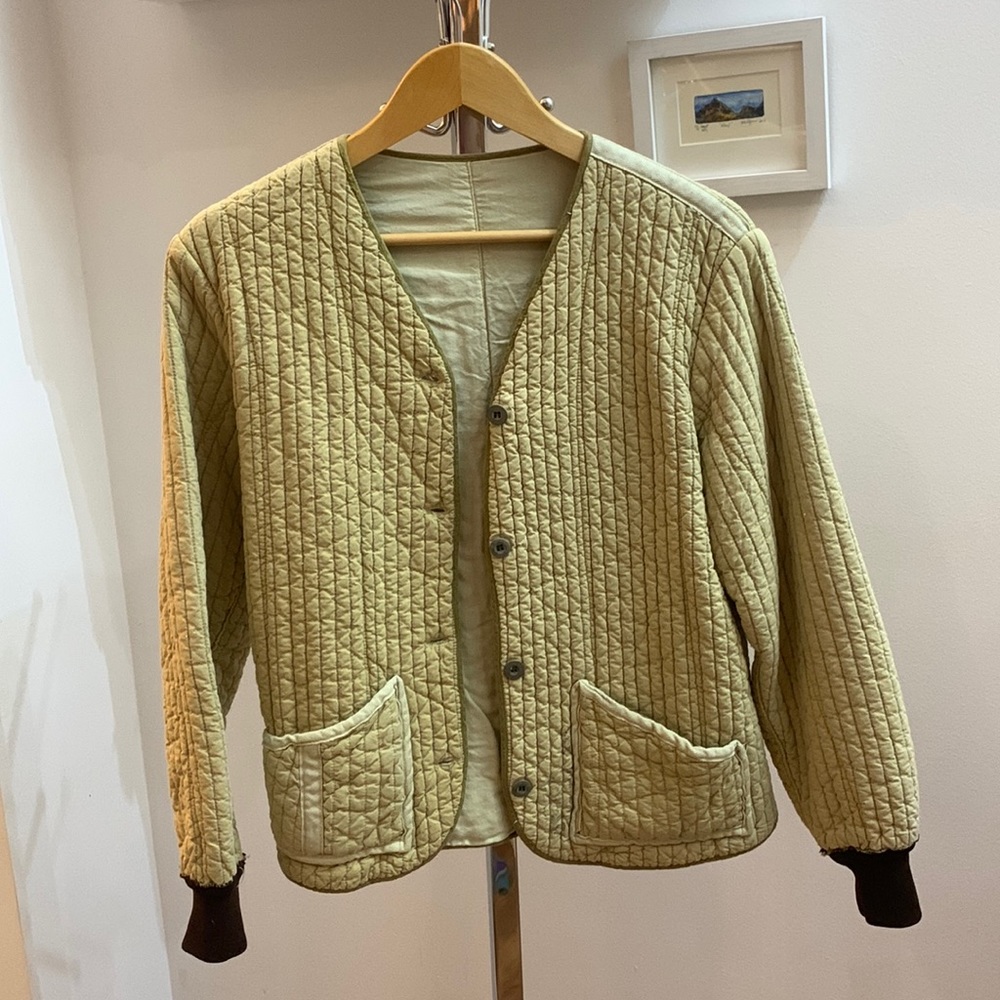 VINTAGE Quilted Liner Jacket in a beige tan with dark chocolate contrast cuffs